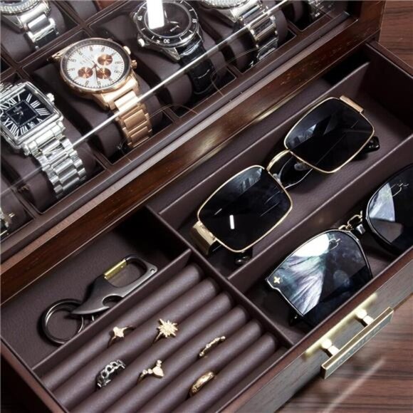 Luxury Wooden Watch Box 12 Slot Display Case With Drawer For Men Jewelry - Picture 5 of 7